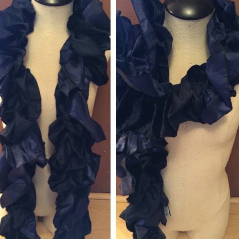 Tickled Pink Ruffle Silk/velvet Scarf. Navy Blue